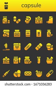 capsule icon set. 26 filled capsule icons. Included Pills, Effervescent, Pharmacy, Inhalator, Medicine, Powder, d, Drug, Bandage, Vial, Mortar, Vaccine, Drugs, Pill icons