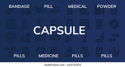 capsule icon set. 32 filled capsule icons. on blue background style Simple modern icons about  - Bandage, Pill, Medical, Powder, Pills, Medicine, Health, Space capsule, Veterinarian