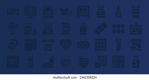 capsule icon set. 32 filled capsule icons. on blue background style Collection Of - Medicine, Pharmacy, d, Medical, Pills, Bandages, Powder, Inhaler, Health, Space capsule, Ointment