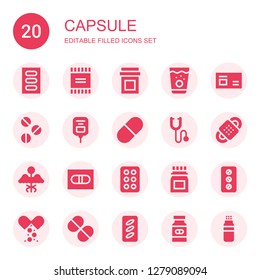 capsule icon set. Collection of 20 filled capsule icons included Medicine, Powder, Pills, Saline, Pill, Phonendoscope, Bandage, Drug, Vitamin