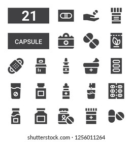 capsule icon set. Collection of 21 filled capsule icons included Pills, Medicine, Drug, Effervescent, Nasal spray, Bandage, Vitamin, Medical, Pill