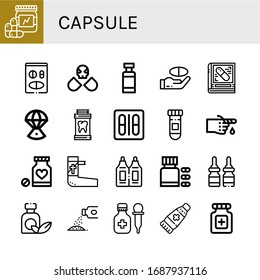 capsule icon set. Collection of Vitamins, Medicine, Drugs, Drug container, Pharmacy, Space capsule, Blister pack, Bandage, Suppositories, Powder, Ointment, Pills icons