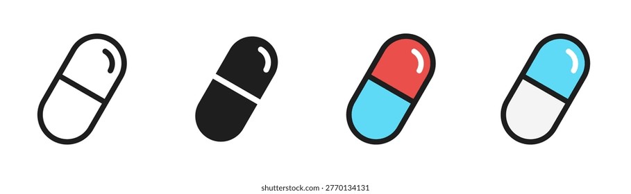Capsule icon set. Drug capsule symbol. Medicine pills capsule. Health, pharmaceutical, antibiotic, vitamin