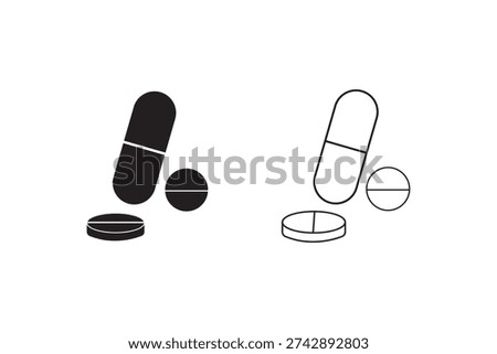 capsule icon set. Pills icon logo design. Thin Stroke Healthcare Vector. Medicament and pharmaceutical symbol. Editable Stroke Symbols.