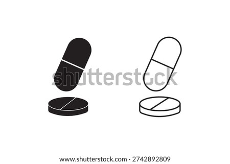 capsule icon set. Pills icon logo design. Thin Stroke Healthcare Vector. Medicament and pharmaceutical symbol. Editable Stroke Symbols.