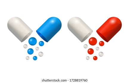 Capsule icons 3d realistic, blue and red pills isolated on white background. Colored small balls falling of open medical capsules. Vector illustration