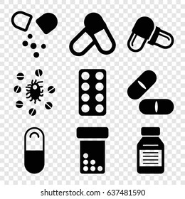 Capsule icons set. set of 9 capsule filled icons such as pill, medicine, virus and pills