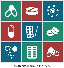 Capsule icons set. set of 9 capsule filled icons such as paints, tablet, pill