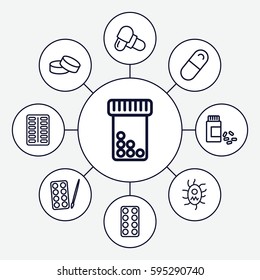 capsule icons set. Set of 9 capsule outline icons such as paints, tablet, pill, medicine, virus and pills