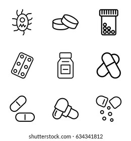 Capsule icons set. set of 9 capsule outline icons such as tablet, pill, medical pills, medicine, virus and pills