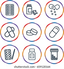 Capsule icons set. set of 9 capsule outline icons such as paints, tablet, pill, medicine