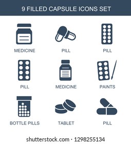 capsule icons. Trendy 9 capsule icons. Contain icons such as medicine, pill, paints, bottle pills, tablet. capsule icon for web and mobile.