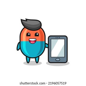 capsule illustration cartoon holding a smartphone , cute style design for t shirt, sticker, logo element