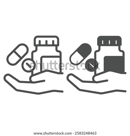 Capsule jar on hand line and solid icon, medical supplies concept. Vector graphics. Medicine pill drug sign on white background, outline style icon for mobile or web design
