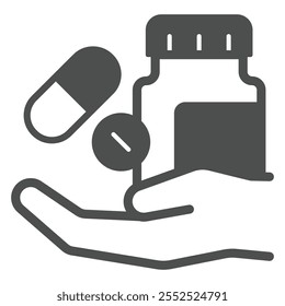 Tarro de la cápsula en el icono sólido de la mano, concepto de los suministros médicos. Gráficos de Vector. Signo de la droga de la píldora de la medicina en el fondo blanco, icono del estilo del glifo para el móvil o el Diseño web