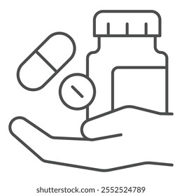 Tarro de la cápsula en el icono delgado de la línea de la mano, concepto de los suministros médicos. Gráficos de Vector. Signo de la droga de la píldora de la medicina en el fondo blanco, icono del estilo del contorno para el móvil o el Diseño web