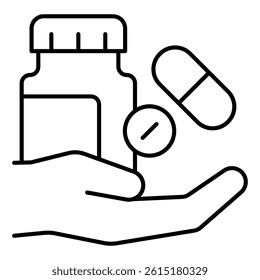 Capsule jar on hand thin line icon, medical supplies concept. Vector graphics. Medicine pill drug sign on white background, linear style for mobile or design