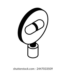 Capsule with magnifier showing concept isometric icon of medicine research, medical research vector