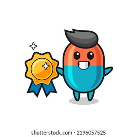 capsule mascot illustration holding a golden badge , cute style design for t shirt, sticker, logo element