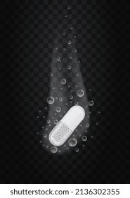 Capsule with medicine and bubbles concept. Pill with vitamins and minerals to strengthen immune system and treat diseases. Effervescent solution in fizzy water. Cartoon realistic vector illustration