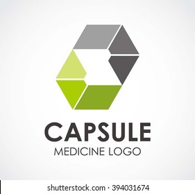 Capsule medicine of clinic abstract vector and logo design or template pharmacy business icon of company identity symbol concept