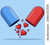 Capsule medicine concept, Open Capsule with Heart Symbol Vector Illustration. open pill capsule, pellets falling from capsule, pill composition, Medical Design Concept.