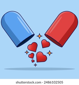 Capsule medicine concept, Open Capsule with Heart Symbol Vector Illustration. open pill capsule, pellets falling from capsule, pill composition, Medical Design Concept.