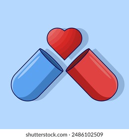 Capsule medicine concept, Open Capsule with Heart Symbol Vector Illustration. open pill capsule, pellets falling from capsule, pill composition, Medical Design Concept.