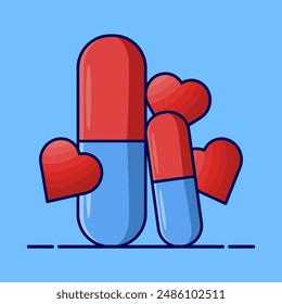 Capsule medicine concept, Open Capsule with Heart Symbol Vector Illustration. open pill capsule, pellets falling from capsule, pill composition, Medical Design Concept.