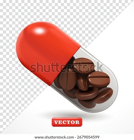 Capsule medicine containing coffee beans. 3D vector, suitable for advertising