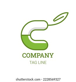 Capsule Medicine Logo Design With C Letter Shape And Leaf Vector
