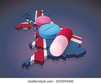 Capsule and medicine pills of the 3D map of the United Kingdom in the colors of the British flag (dark background)