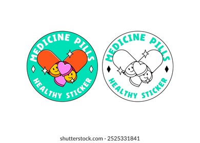 capsule medicine, smile face pill, love heart shape pill colorful doodle badge logo vector illustration design set for medical, pharmaceutical and healthcare