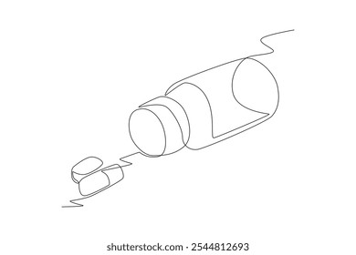 Se arrojó una cápsula de medicamento del frasco. Concepto de medicina dibujo de una línea