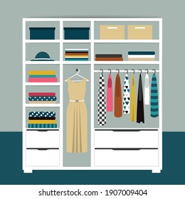 Capsule minimalistic open wardrobe. Wooden closet with tidy clothes, shirts, sweaters, boxes and shoes. Home interior. Flat design vector illustration.