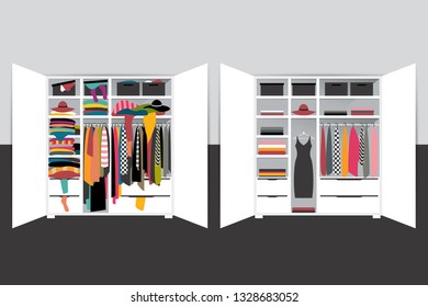 Capsule Minimalistic Wardrobe Versus Closet Overflowing With Clothes. Vector Cartoon Illustration. 