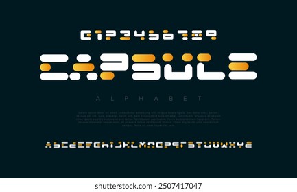 Cápsula moderna fuente de alfabeto digital. Digital abstracto futurista, juego, techno, robot, música, logotipo, deporte, tipografía de tecnología mínima.