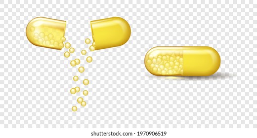 Capsule with oil, gold pill and filler bubbles isolated on transparent background. Cosmetics, vitamin, omega 3, collagen gel, serum droplets, essence. Realistic 3d vector illustration