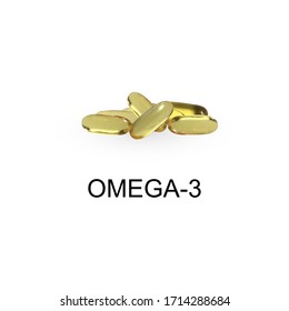 Capsule of omega 3 fish oil. Group of pills. Isolated. Healthcare concept. Preventive medicine. Vitamin. As template for design of packaging, image brochure. Vector mesh realistic illustration