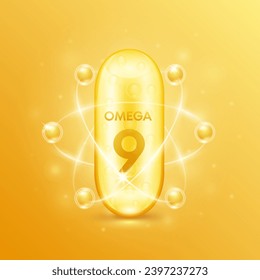 Capsule omega 9. Fish oil extracted from nature essential to the health for the body. Pill vitamin collagen radius ring surround. For dietary nutritional supplement. Vector.