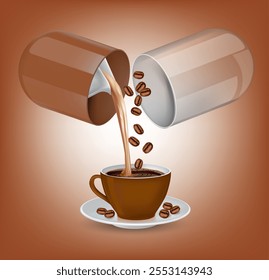 The capsule opens to reveal coffee.The capsule opens and coffee is poured into a coffee cup.