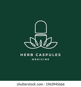 Capsule with Organic leaf line art minimal vector illustration, Herbs medicine logo icon sign symbol design concept.