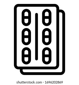 Icono de la píldora del paquete de la cápsula. Icono vectorial del paquete de cápsulas de esquema para diseño web aislado en fondo blanco