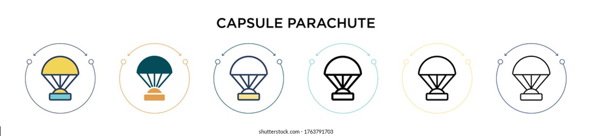 Capsule parachute icon in filled, thin line, outline and stroke style. Vector illustration of two colored and black capsule parachute vector icons designs can be used for mobile, ui, web