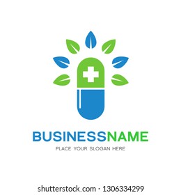 Capsule pharmacy medical logo template vector. Logo with nature or leaf with blue and green color. This logo is suitable for health business, doctor, hospital, cross symbol.