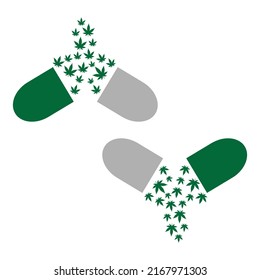 Capsule pill with cannabis leaves inside.