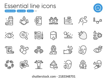 Capsule Pill, Cardio Training And Face Attention Line Icons. Collection Of Uv Protection, Stress, Health Eye Icons. Medical Phone, Family Insurance, Blood And Saliva Test Web Elements. Vector