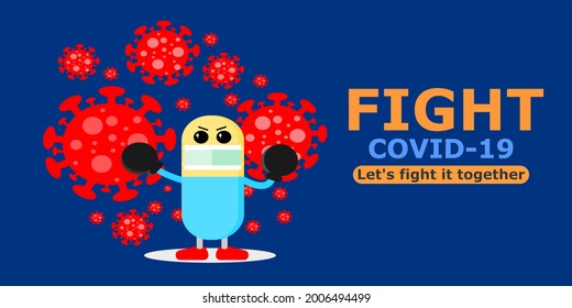 Capsule pill character punching virus  Covid-19. Fight Corona virus Health care concept