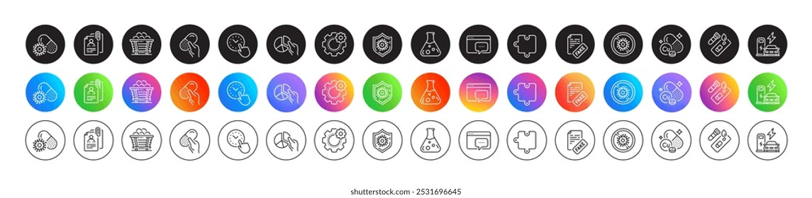 Capsule pill, Cogwheel and Coronavirus protection line icons. Round icon gradient buttons. Pack of Fake news, Coal trolley, Seo message icon. Chemistry lab, Puzzle, Pie chart pictogram. Vector