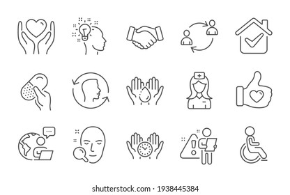 Kapselpille, Icons für Behinderte und sichere Zeit eingestellt. Handshake, Gesichtssuche und Kommunikationszeichen des Benutzers. Vektorgrafik